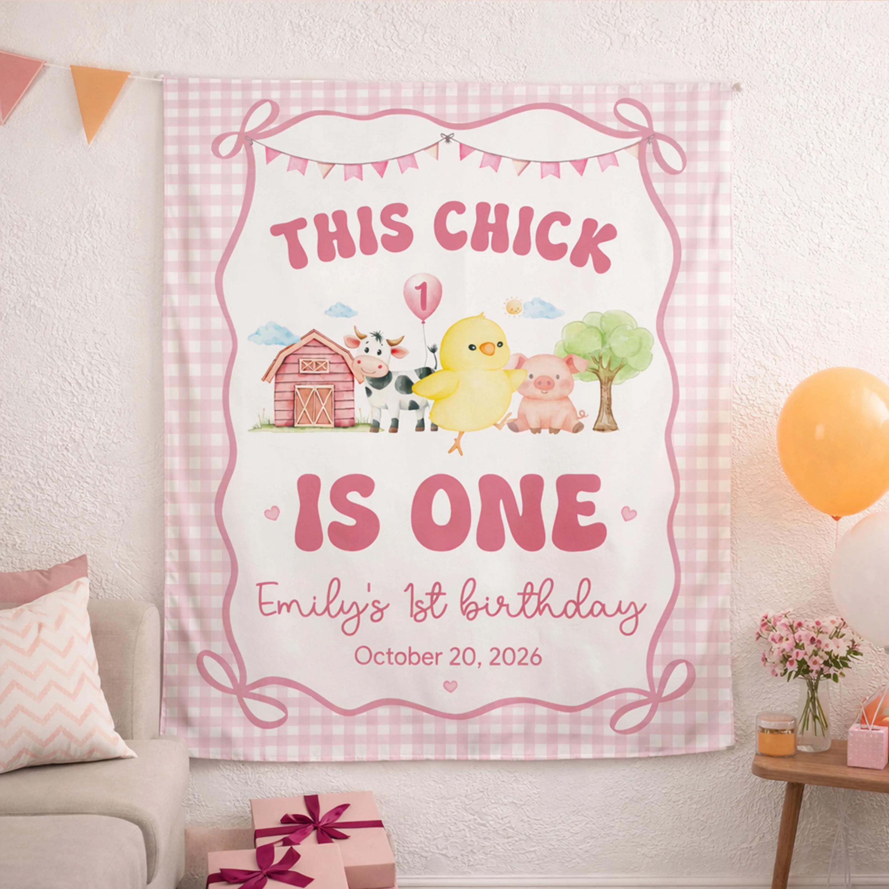 Personalized This Chick is One First Birthday Banner Pink Gingham Farm Animal Theme Party Backdrop for Baby Girl 1st Birthday Decorations