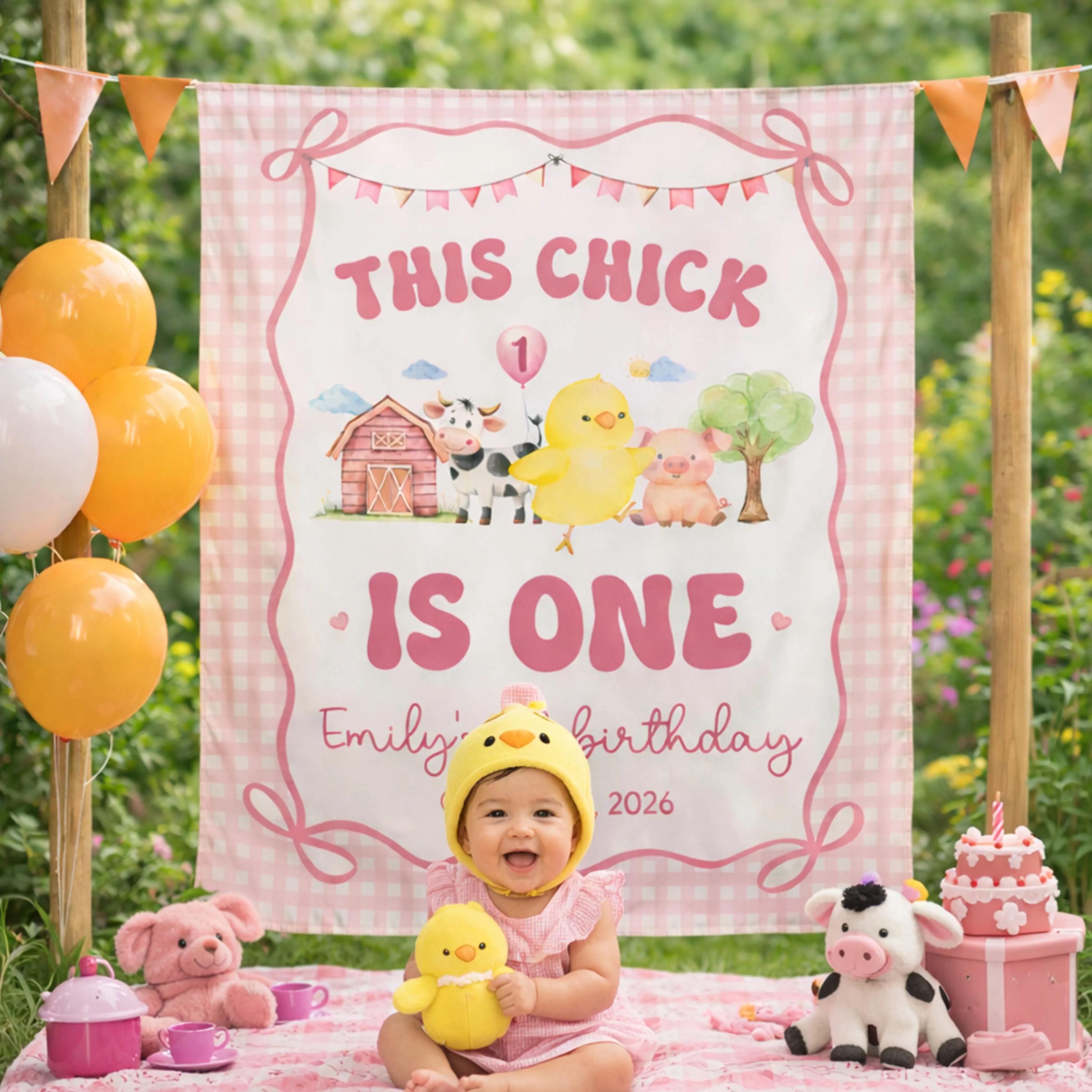 Personalized This Chick is One First Birthday Banner Pink Gingham Farm Animal Theme Party Backdrop for Baby Girl 1st Birthday Decorations