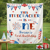 Personalized This Firecracker Is One 1st Birthday Banner for Baby Boy, Patriotic Red White Blue Fireworks Theme Party Decor Backdrop Sign
