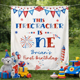 Personalized This Firecracker Is One 1st Birthday Banner for Baby Boy, Patriotic Red White Blue Fireworks Theme Party Decor Backdrop Sign