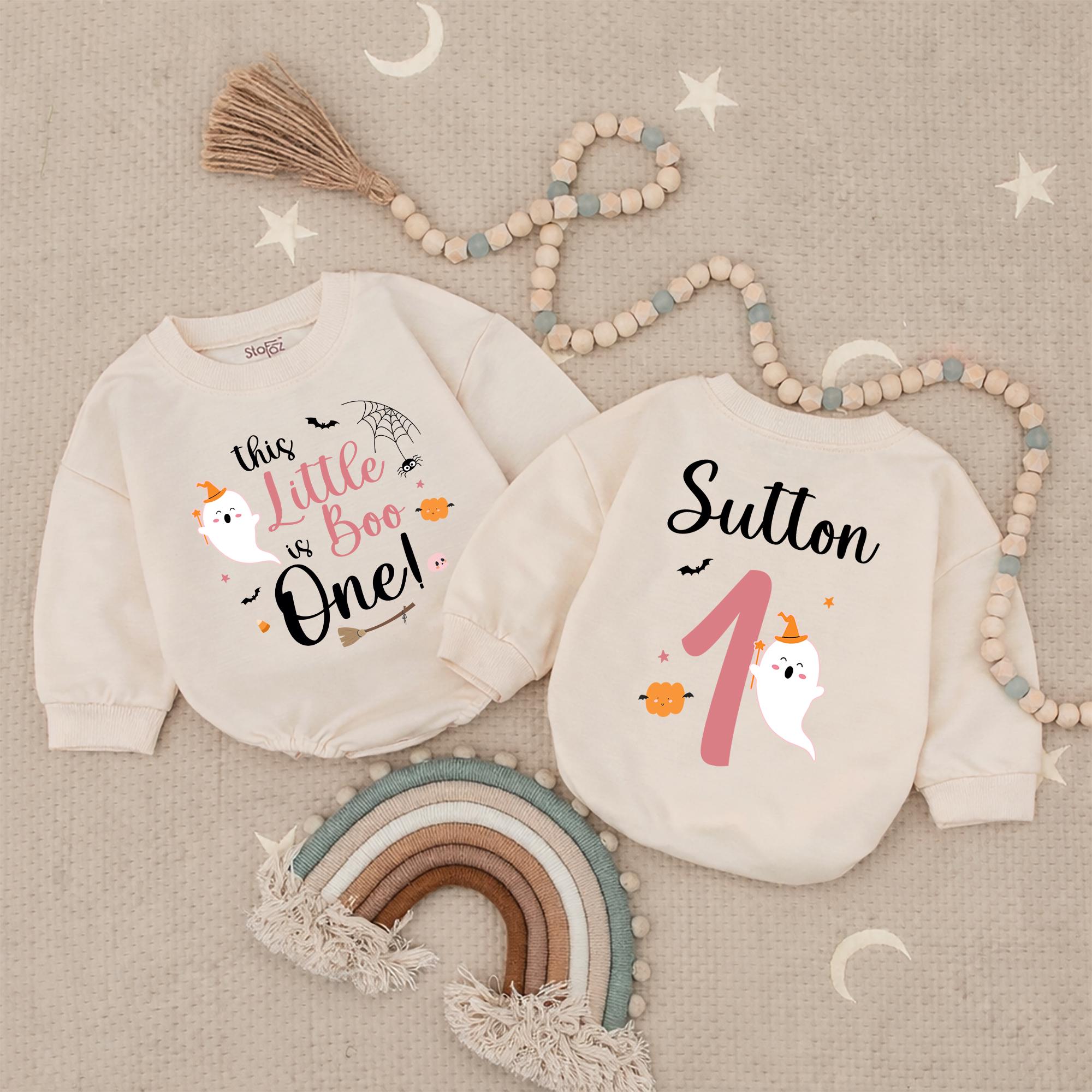 Personalized This Little Boo is One Baby Girl Romper with Cute Ghost, Halloween 1st Birthday Outfit, Pink Pumpkin Infant Clothes Gift