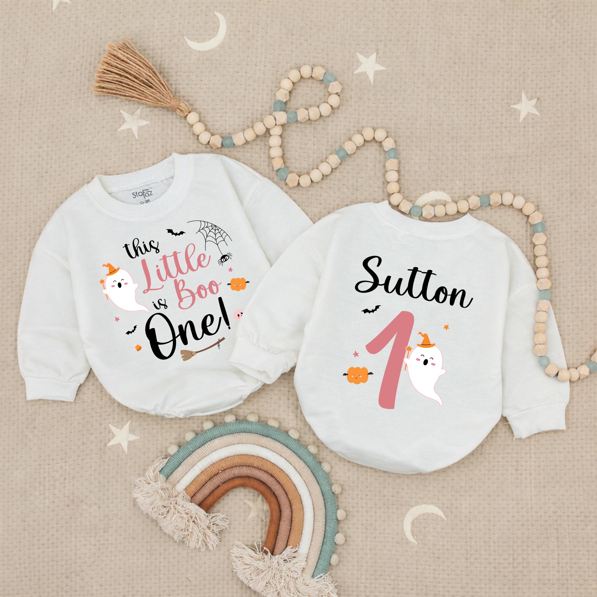 Personalized This Little Boo is One Baby Girl Romper with Cute Ghost, Halloween 1st Birthday Outfit, Pink Pumpkin Infant Clothes Gift