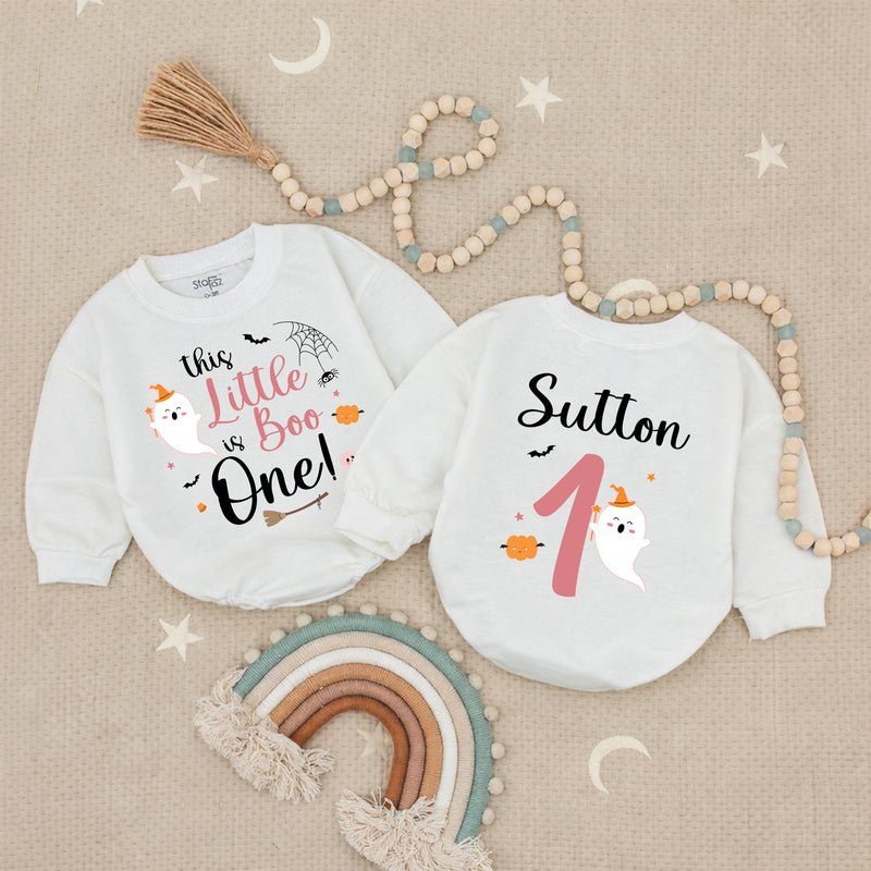 Personalized This Little Boo is One Baby Girl Romper with Cute Ghost, Halloween 1st Birthday Outfit, Pink Pumpkin Infant Clothes Gift