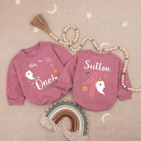 Personalized This Little Boo is One Baby Girl Romper with Cute Ghost, Halloween 1st Birthday Outfit, Pink Pumpkin Infant Clothes Gift