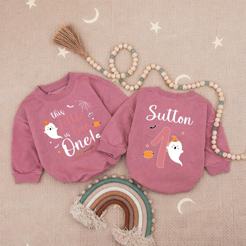Personalized This Little Boo is One Baby Girl Romper with Cute Ghost, Halloween 1st Birthday Outfit, Pink Pumpkin Infant Clothes Gift