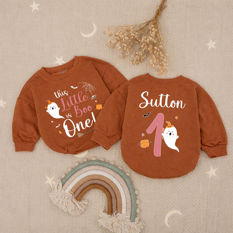 Personalized This Little Boo is One Baby Girl Romper with Cute Ghost, Halloween 1st Birthday Outfit, Pink Pumpkin Infant Clothes Gift