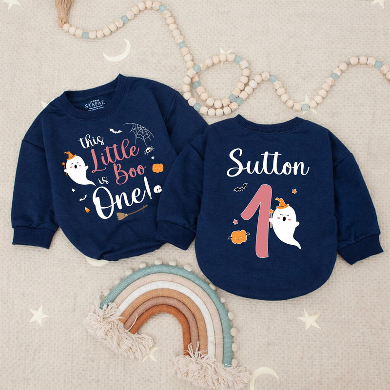 Personalized This Little Boo is One Baby Girl Romper with Cute Ghost, Halloween 1st Birthday Outfit, Pink Pumpkin Infant Clothes Gift