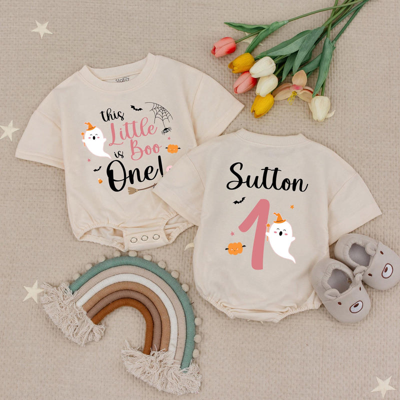 Personalized This Little Boo is One Baby Girl Romper with Cute Ghost, Halloween 1st Birthday Outfit, Pink Pumpkin Infant Clothes Gift
