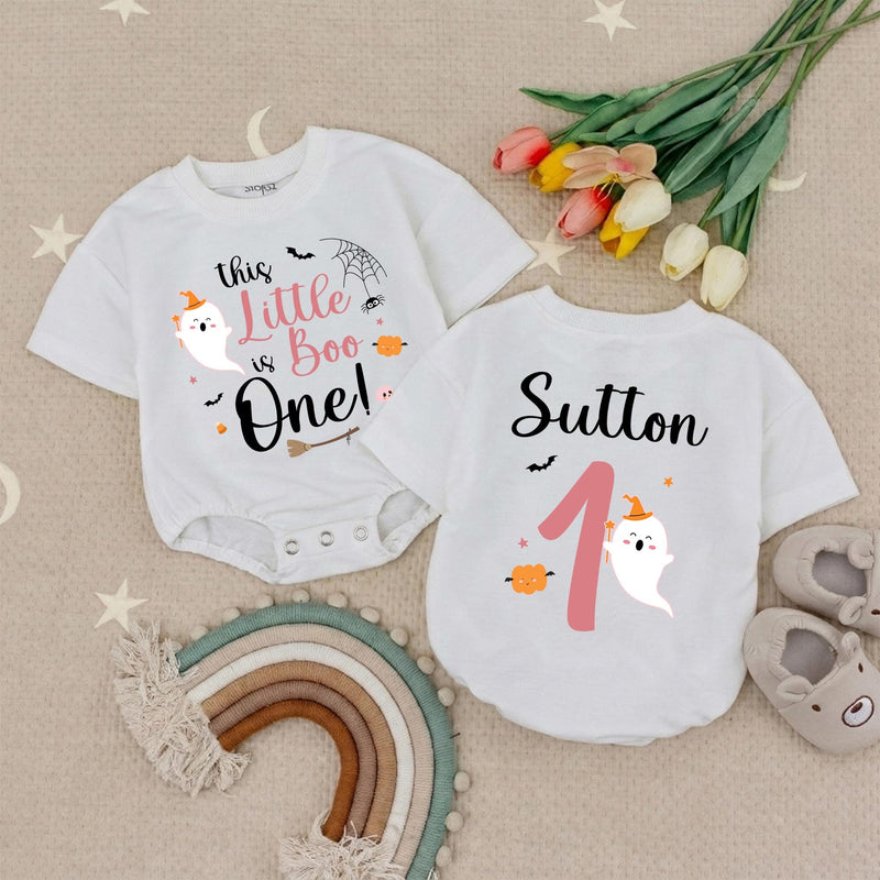 Personalized This Little Boo is One Baby Girl Romper with Cute Ghost, Halloween 1st Birthday Outfit, Pink Pumpkin Infant Clothes Gift