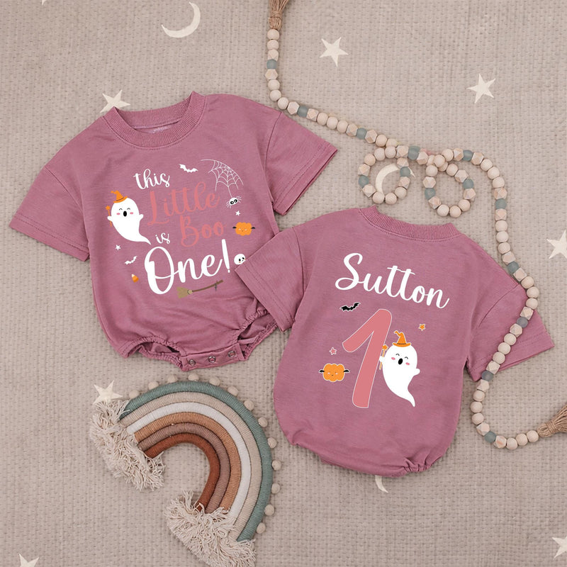 Personalized This Little Boo is One Baby Girl Romper with Cute Ghost, Halloween 1st Birthday Outfit, Pink Pumpkin Infant Clothes Gift