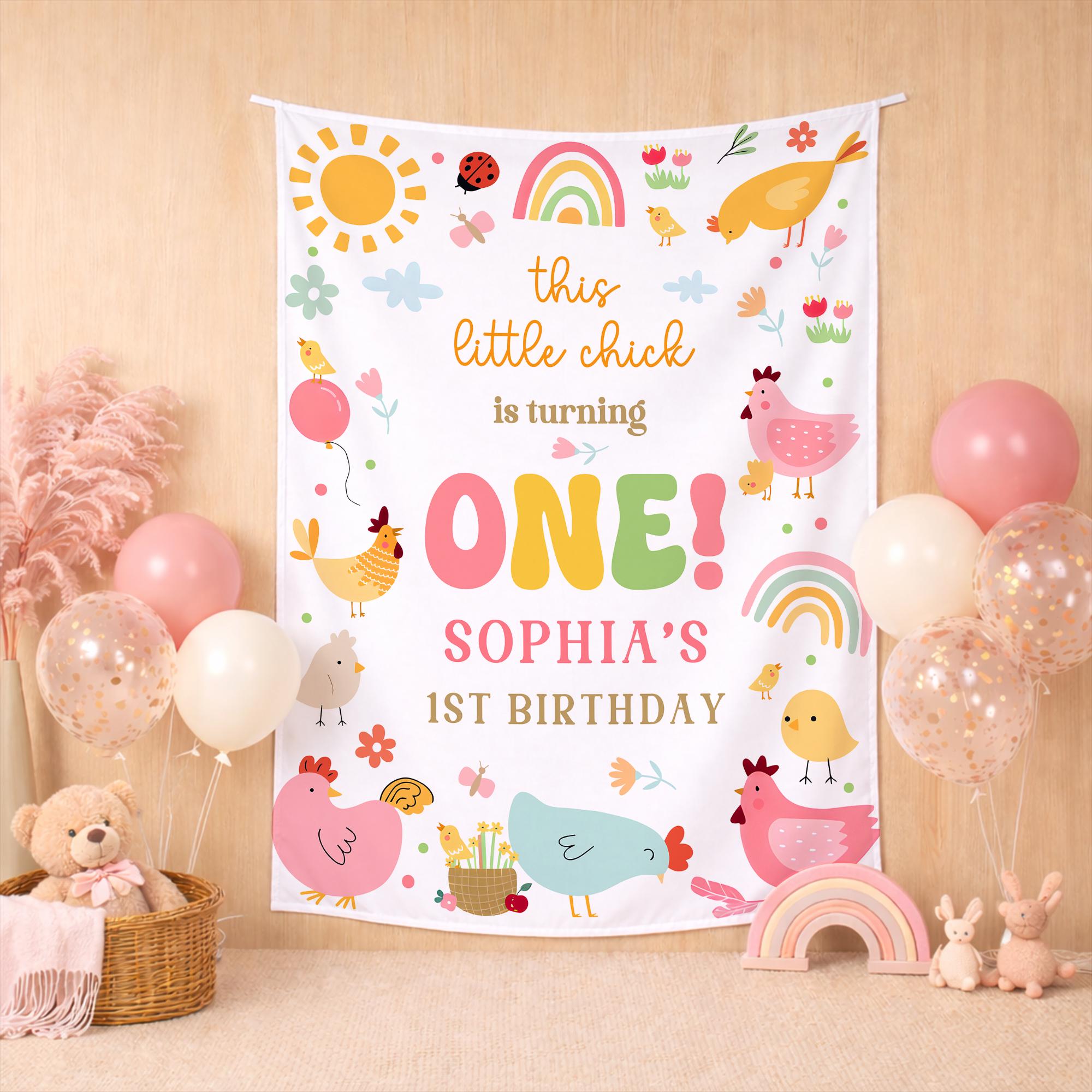 Personalized This Little Chick Is Turning One Birthday Banner for Girl, Farm-Themed Pastel Backdrop Custom Name 1st Party Decoration