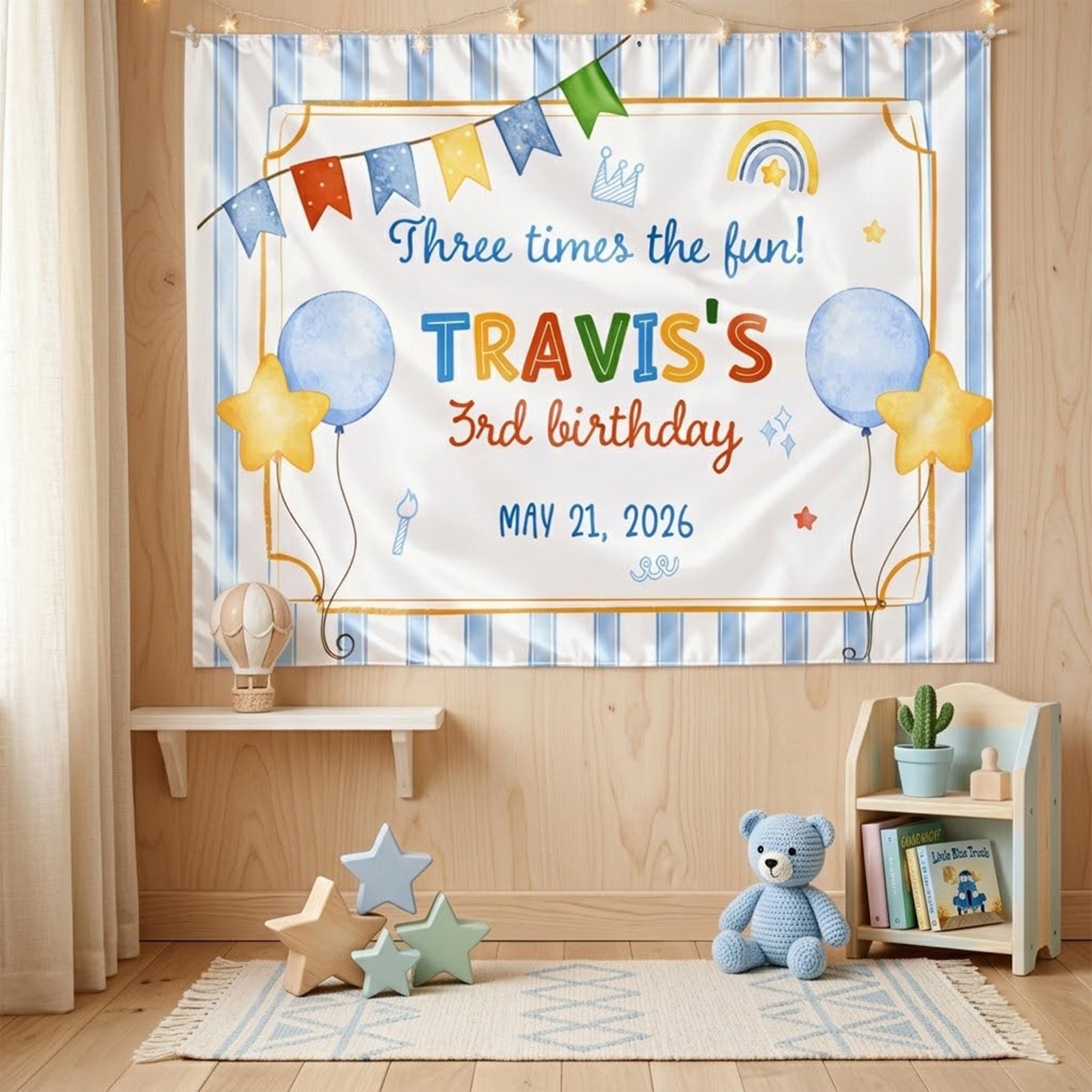 Personalized Three Times the Fun 3rd Birthday Banner for Toddler Party, Whimsical Blue and Gold Silk Backdrop with Custom Name and Date