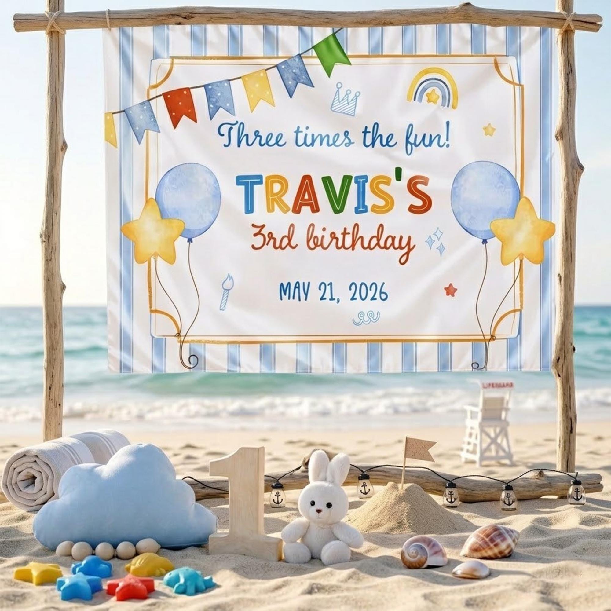 Personalized Three Times the Fun 3rd Birthday Banner for Toddler Party, Whimsical Blue and Gold Silk Backdrop with Custom Name and Date