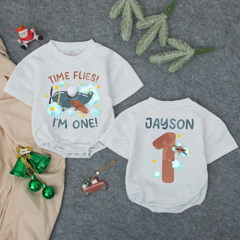 Personalized Time Flies First Birthday Baby Romper with Airplane Theme, I'm One Bodysuit for Boys, Custom Name Birthday Outfit Gift