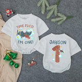 Personalized Time Flies First Birthday Baby Romper with Airplane Theme, I'm One Bodysuit for Boys, Custom Name Birthday Outfit Gift
