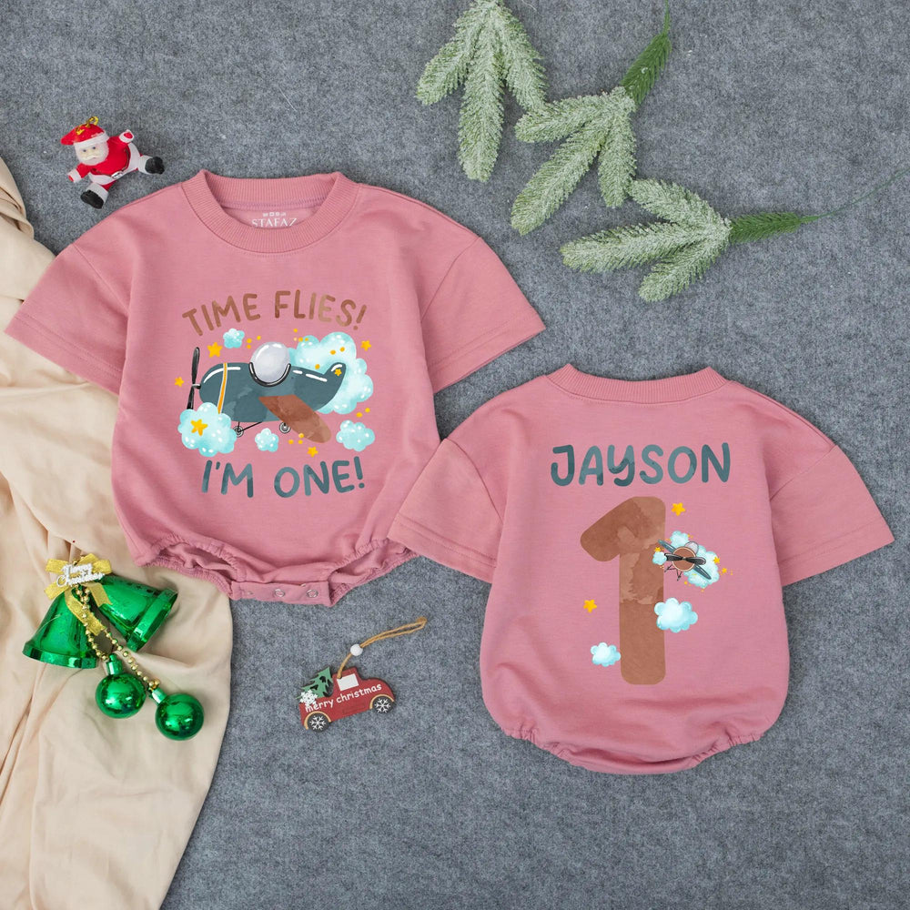 Personalized Time Flies First Birthday Baby Romper with Airplane Theme, I'm One Bodysuit for Boys, Custom Name Birthday Outfit Gift