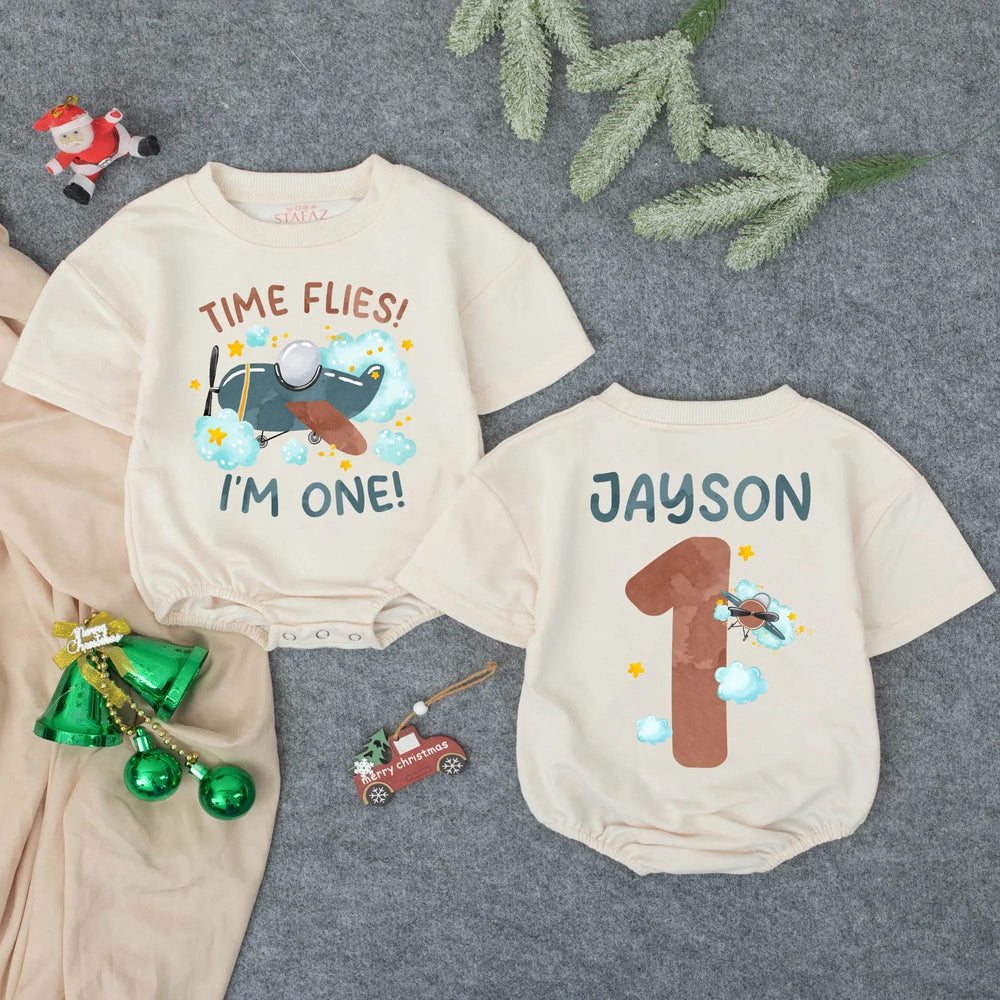 Personalized Time Flies First Birthday Baby Romper with Airplane Theme, I'm One Bodysuit for Boys, Custom Name Birthday Outfit Gift