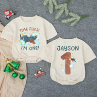Personalized Time Flies First Birthday Baby Romper with Airplane Theme, I'm One Bodysuit for Boys, Custom Name Birthday Outfit Gift