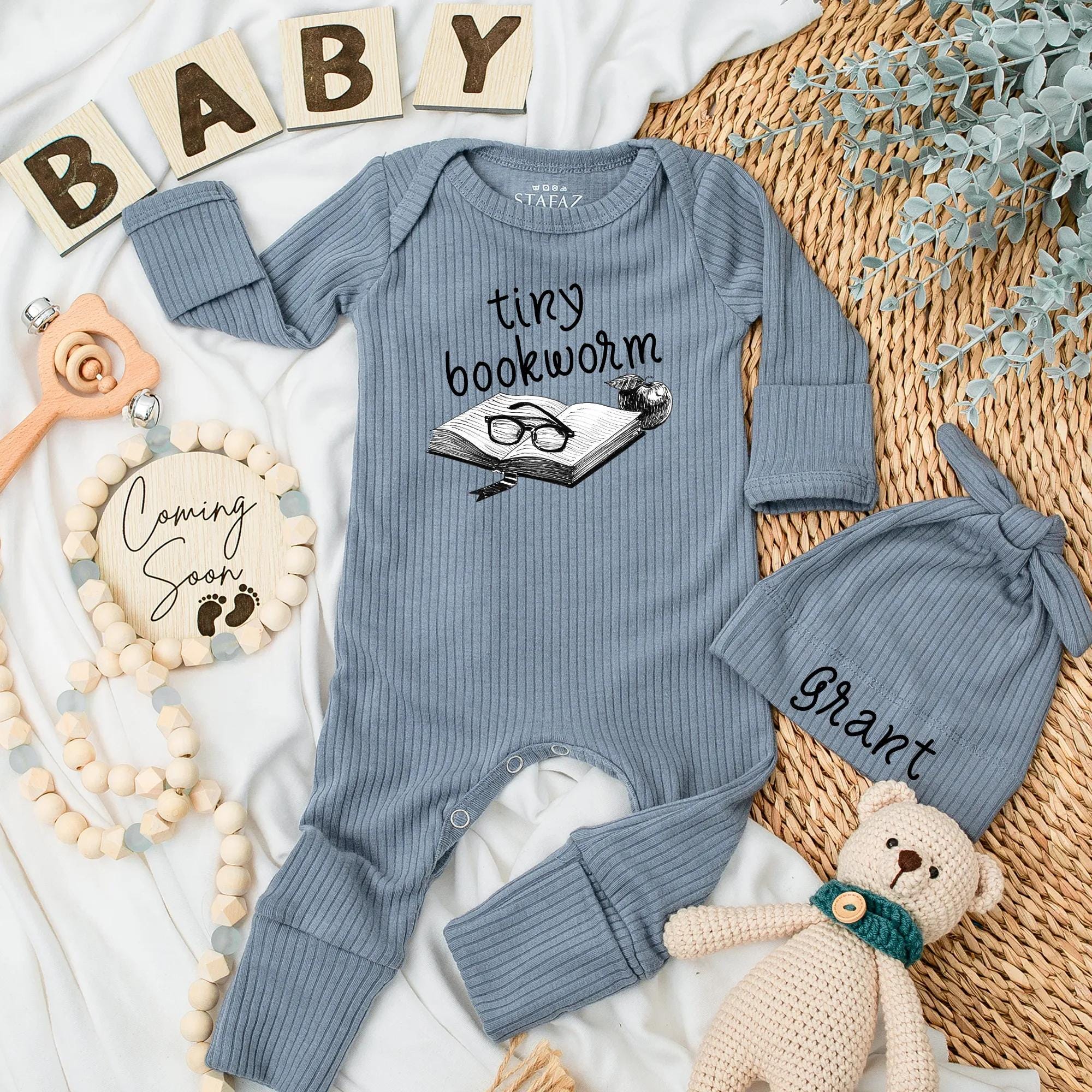 Personalized Tiny Bookworm Baby Bodysuit with Open Book Glasses Design Gift for Newborn Reader Custom Name Outfit for Librarian Mom