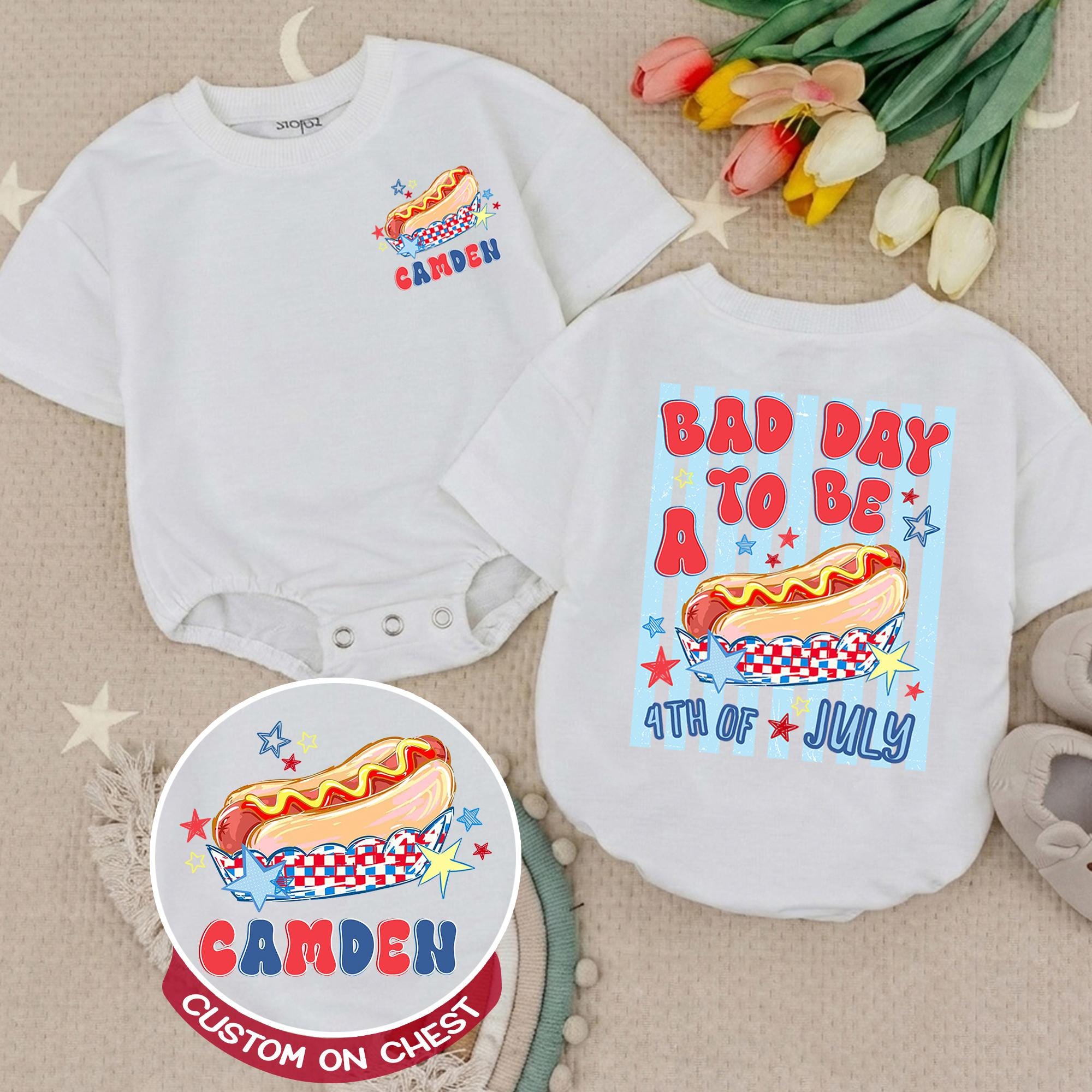 Personalized Toddler 4th of July Hot Dog Shirt with Name Customization, Funny Patriotic Independence Day Romper, Festive Holiday Outfit