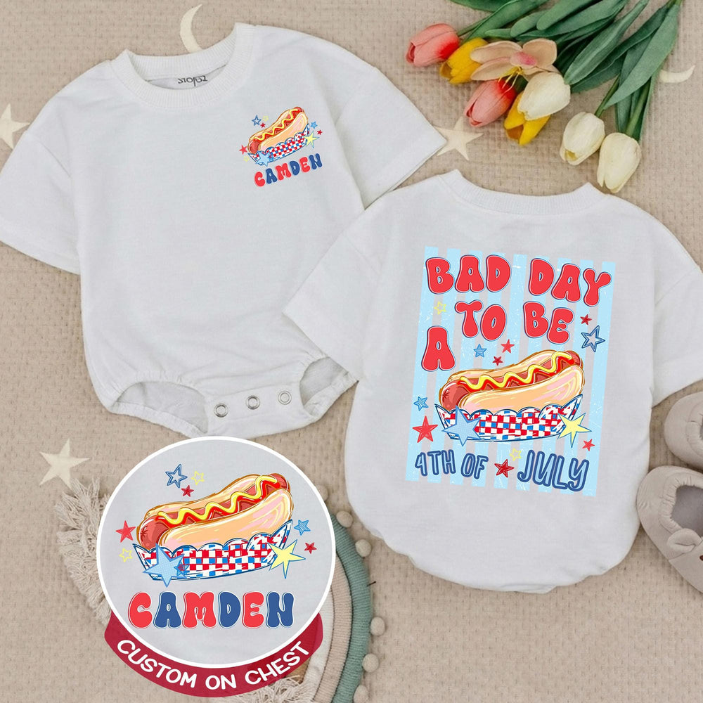 Personalized Toddler 4th of July Hot Dog Shirt with Name Customization, Funny Patriotic Independence Day Romper, Festive Holiday Outfit