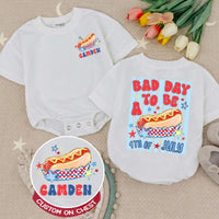 Personalized Toddler 4th of July Hot Dog Shirt with Name Customization, Funny Patriotic Independence Day Romper, Festive Holiday Outfit