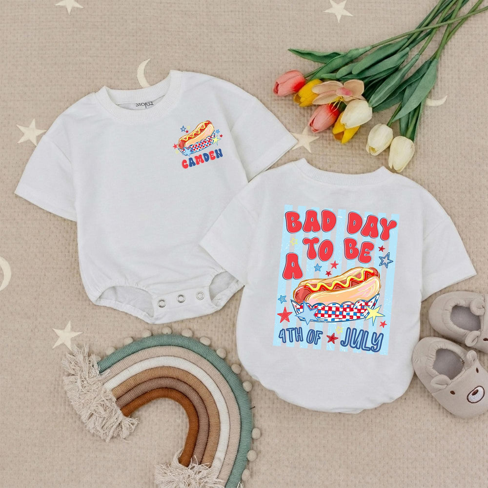Personalized Toddler 4th of July Hot Dog Shirt with Name Customization, Funny Patriotic Independence Day Romper, Festive Holiday Outfit