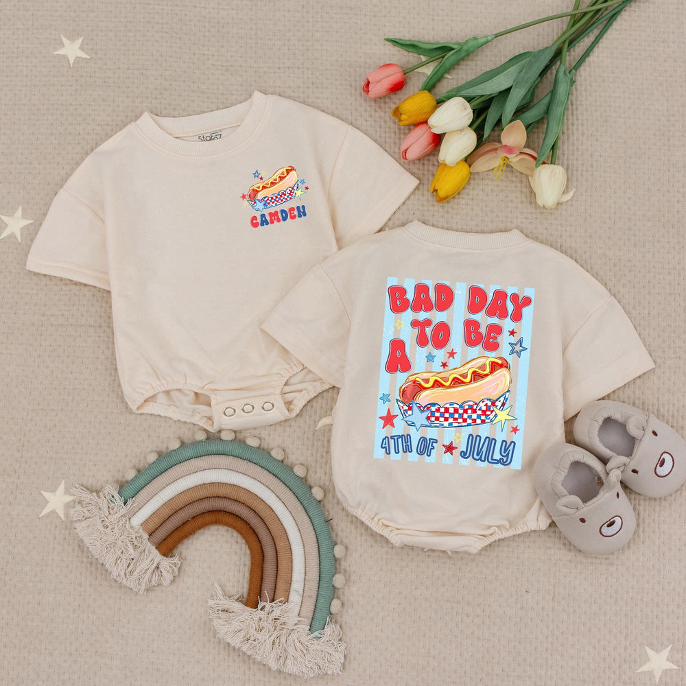 Personalized Toddler 4th of July Hot Dog Shirt with Name Customization, Funny Patriotic Independence Day Romper, Festive Holiday Outfit