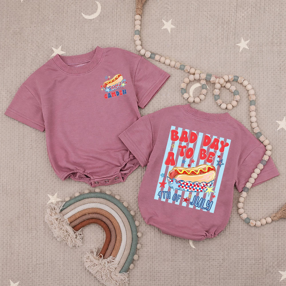 Personalized Toddler 4th of July Hot Dog Shirt with Name Customization, Funny Patriotic Independence Day Romper, Festive Holiday Outfit