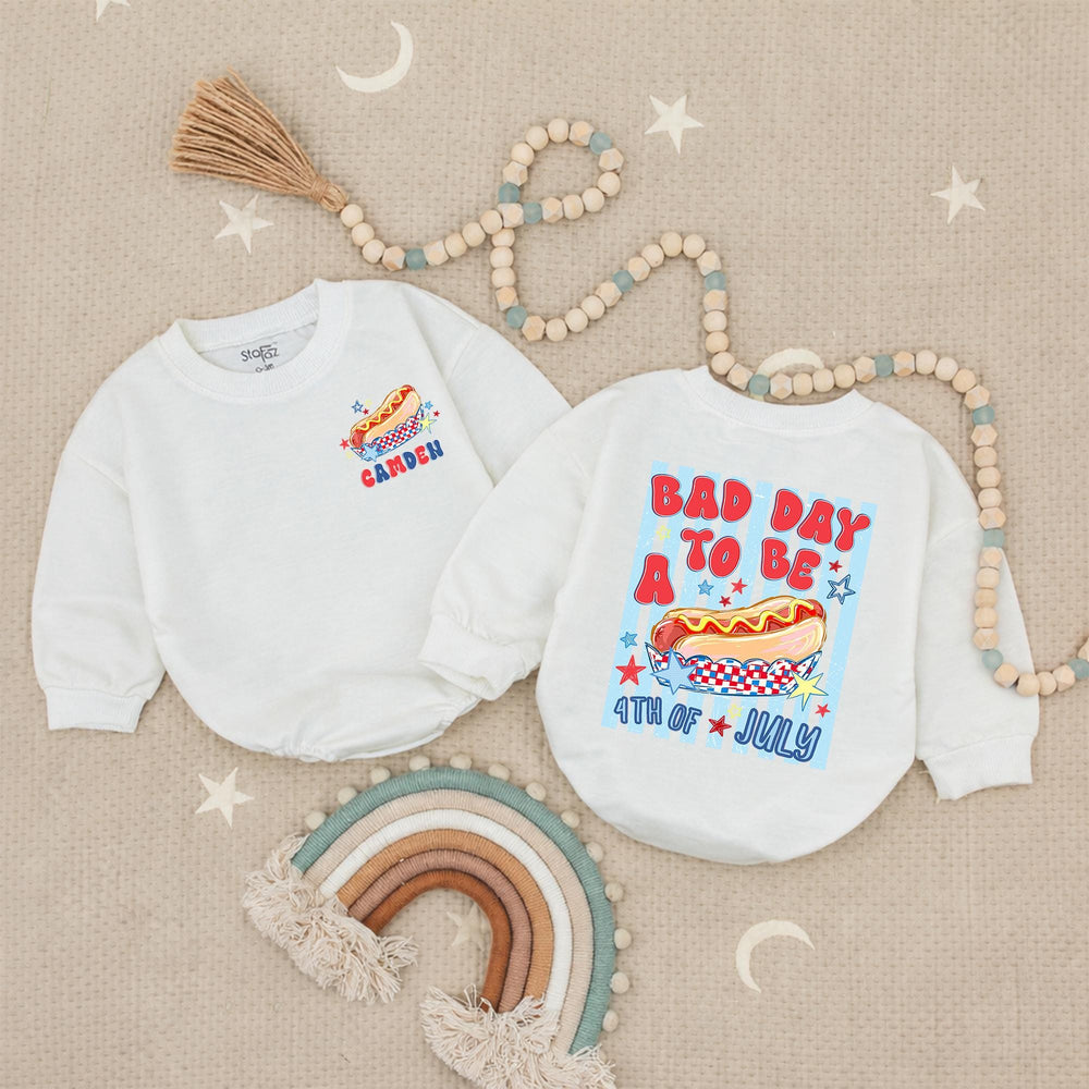 Personalized Toddler 4th of July Hot Dog Shirt with Name Customization, Funny Patriotic Independence Day Romper, Festive Holiday Outfit