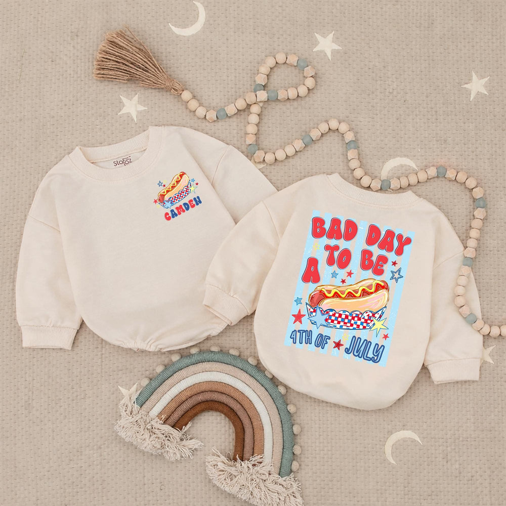 Personalized Toddler 4th of July Hot Dog Shirt with Name Customization, Funny Patriotic Independence Day Romper, Festive Holiday Outfit