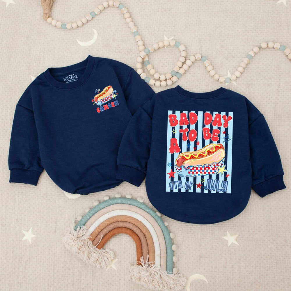 Personalized Toddler 4th of July Hot Dog Shirt with Name Customization, Funny Patriotic Independence Day Romper, Festive Holiday Outfit