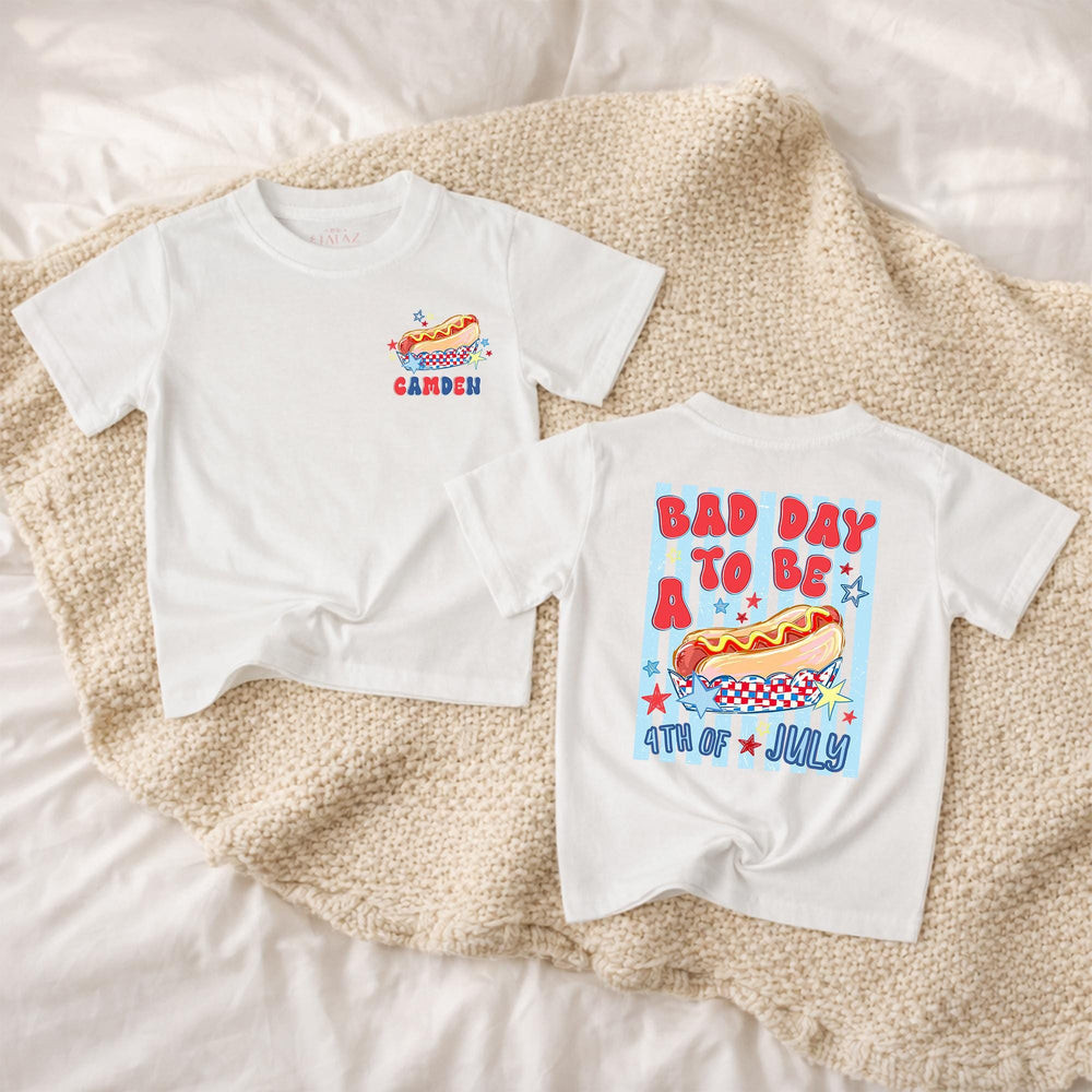 Personalized Toddler 4th of July Hot Dog Shirt with Name Customization, Funny Patriotic Independence Day Romper, Festive Holiday Outfit