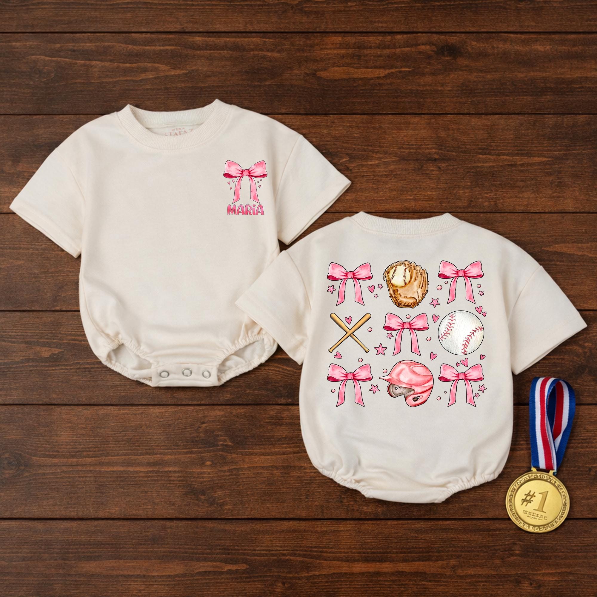 Personalized Toddler Girl Sports Outfit with Pink Bow Baseball Bubble Romper Custom Name Soft Watercolor Design Kids Clothes Gift