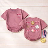 Personalized Toddler Girl Sports Outfit with Pink Bow Baseball Bubble Romper Custom Name Soft Watercolor Design Kids Clothes Gift
