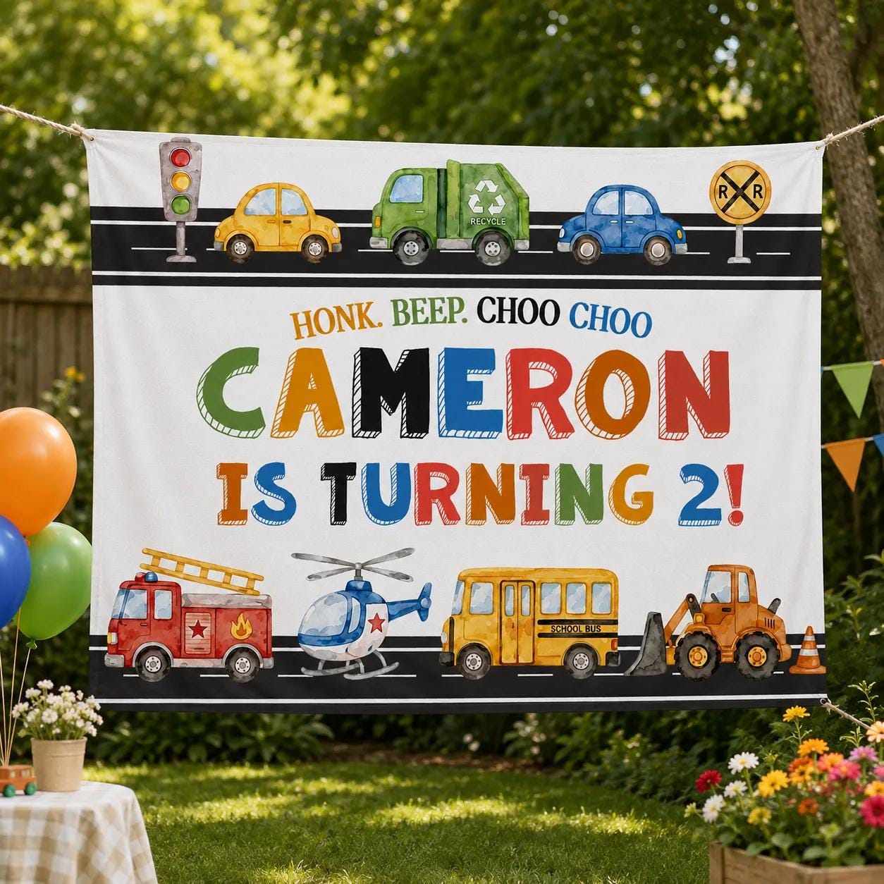Personalized Transportation Birthday Banner for Boys with Fire Truck, Cars, Helicopter Design Custom Name and Age Party Decor, Colorful Theme