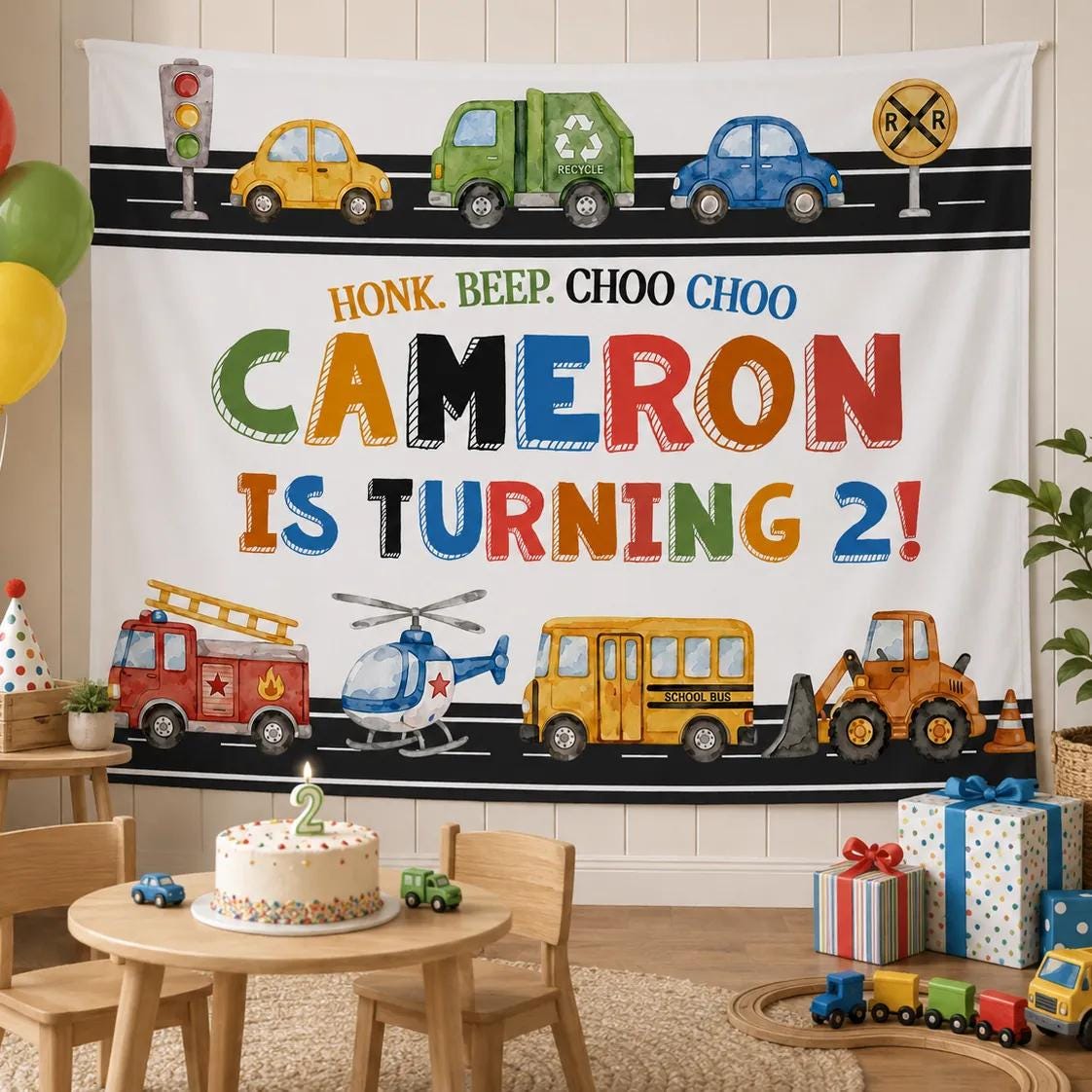 Personalized Transportation Birthday Banner for Boys with Fire Truck, Cars, Helicopter Design Custom Name and Age Party Decor, Colorful Theme