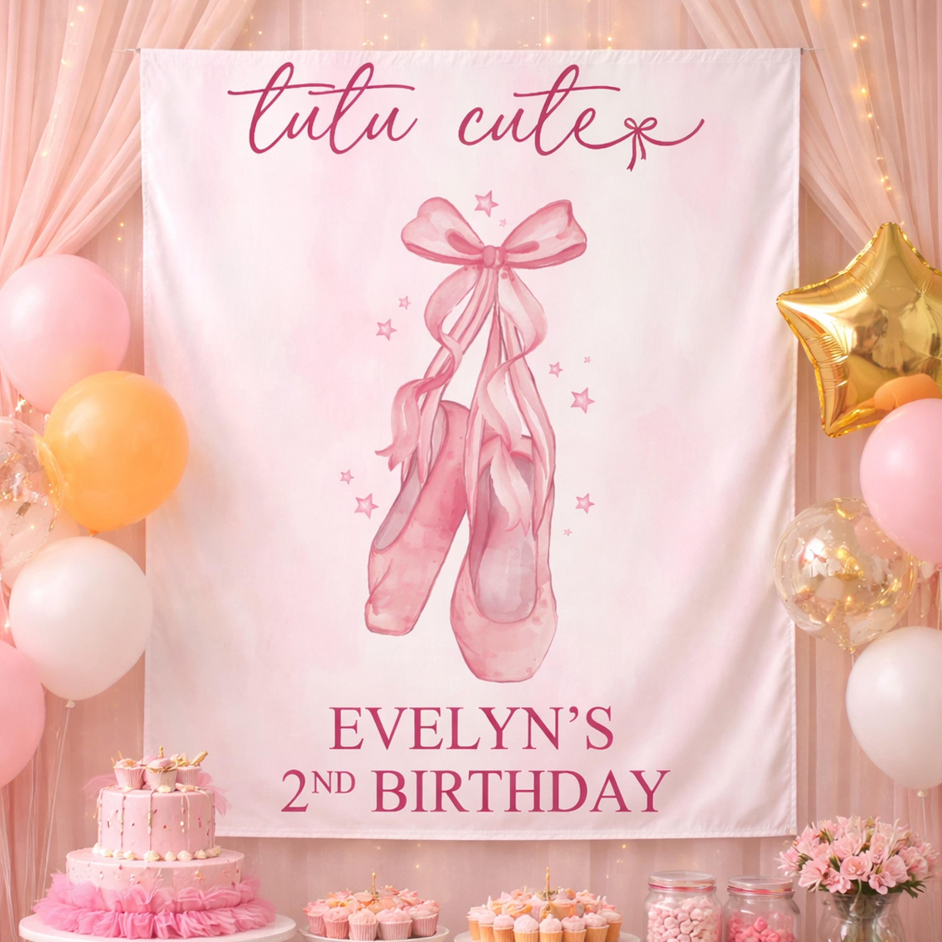 Personalized Tutu Cute Ballet Slippers Birthday Banner for Girls, Custom Name Party Backdrop with Pink Ribbon and Stars, Kids Decor