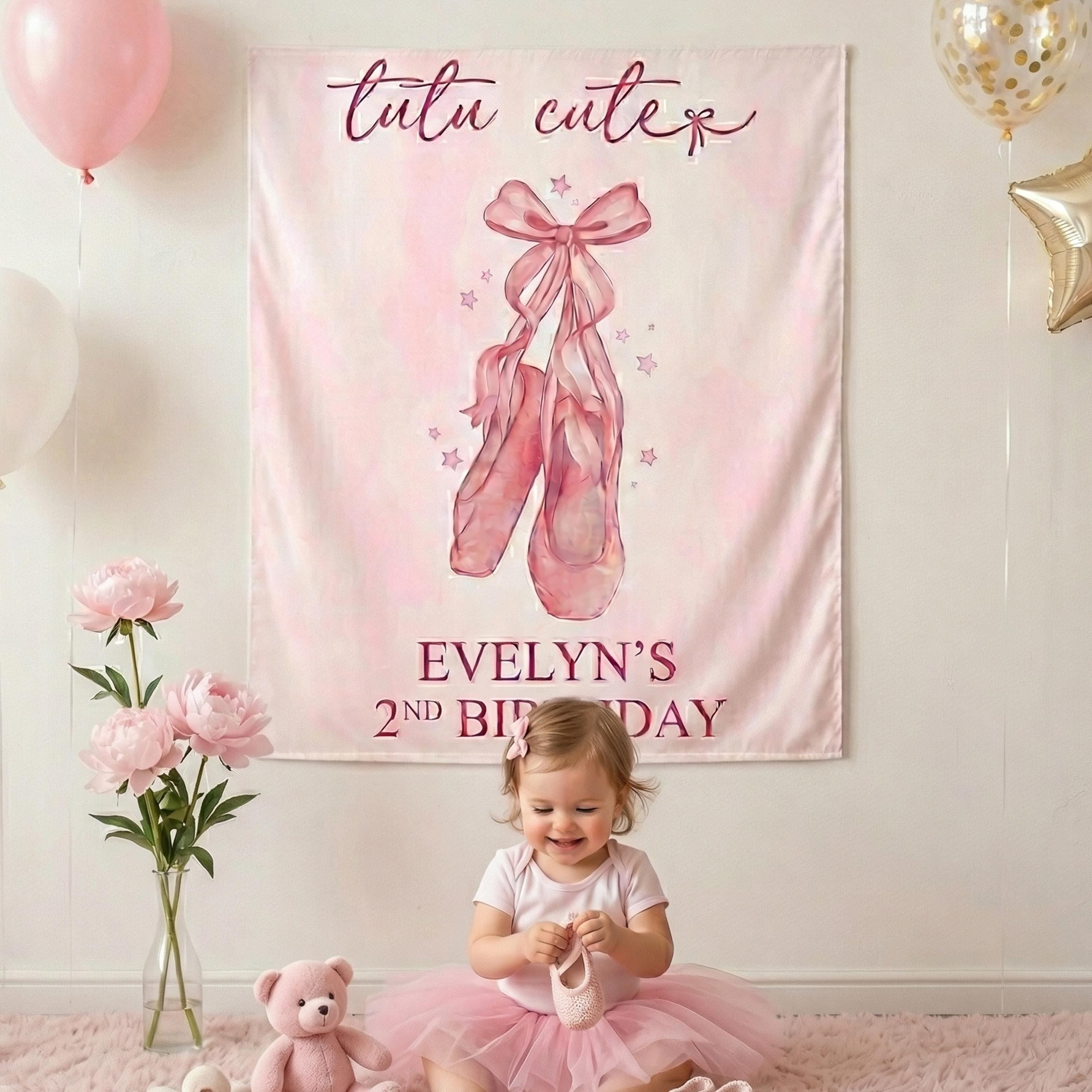 Personalized Tutu Cute Ballet Slippers Birthday Banner for Girls, Custom Name Party Backdrop with Pink Ribbon and Stars, Kids Decor