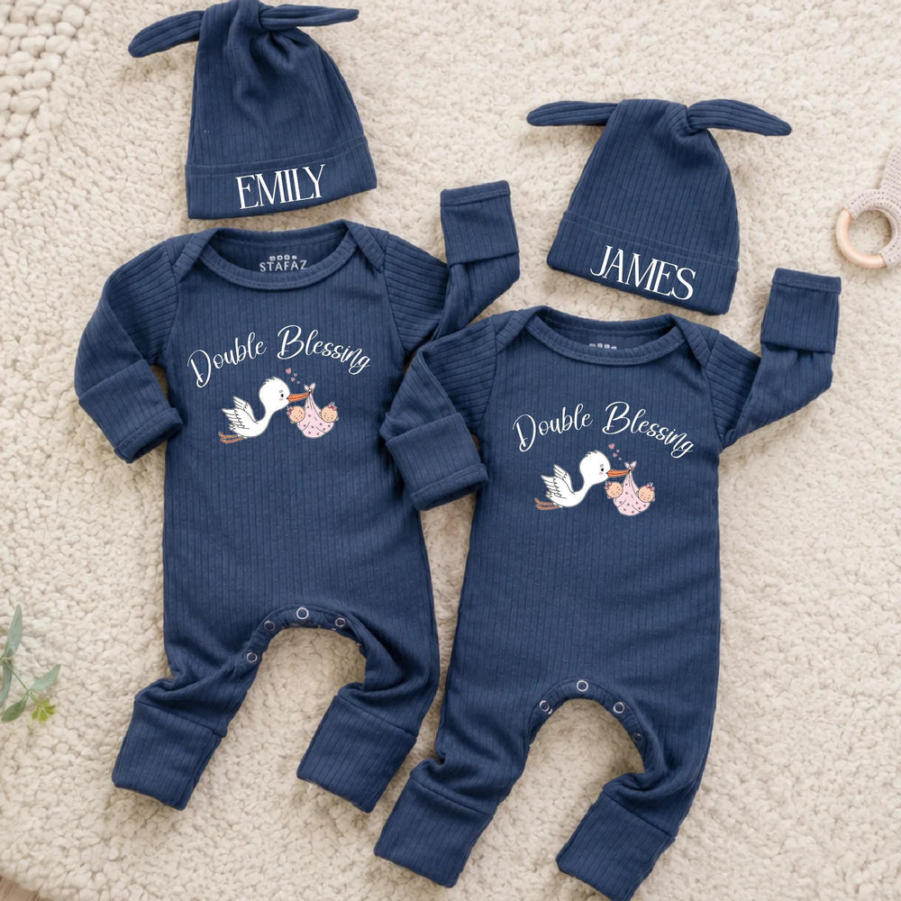 Personalized Twin Baby Bodysuit and Beanie Set with Double Blessing Stork Design, Custom Names for Boy and Girl Twins Coming Home Outfit