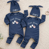 Personalized Twin Baby Bodysuit and Beanie Set with Double Blessing Stork Design, Custom Names for Boy and Girl Twins Coming Home Outfit