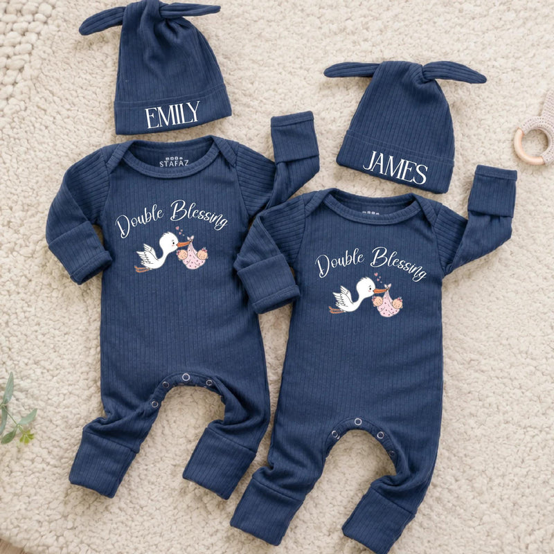 Personalized Twin Baby Bodysuit and Beanie Set with Double Blessing Stork Design, Custom Names for Boy and Girl Twins Coming Home Outfit