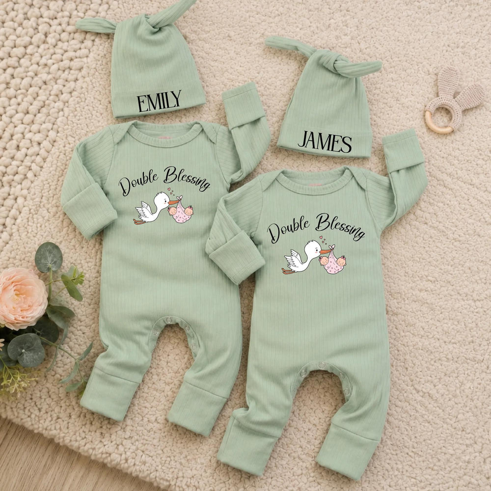 Personalized Twin Baby Bodysuit and Beanie Set with Double Blessing Stork Design, Custom Names for Boy and Girl Twins Coming Home Outfit