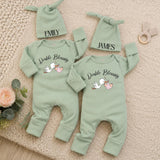 Personalized Twin Baby Bodysuit and Beanie Set with Double Blessing Stork Design, Custom Names for Boy and Girl Twins Coming Home Outfit
