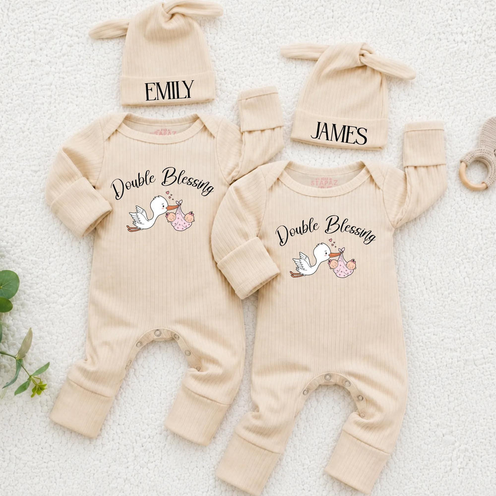 Personalized Twin Baby Bodysuit and Beanie Set with Double Blessing Stork Design, Custom Names for Boy and Girl Twins Coming Home Outfit
