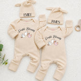 Personalized Twin Baby Bodysuit and Beanie Set with Double Blessing Stork Design, Custom Names for Boy and Girl Twins Coming Home Outfit