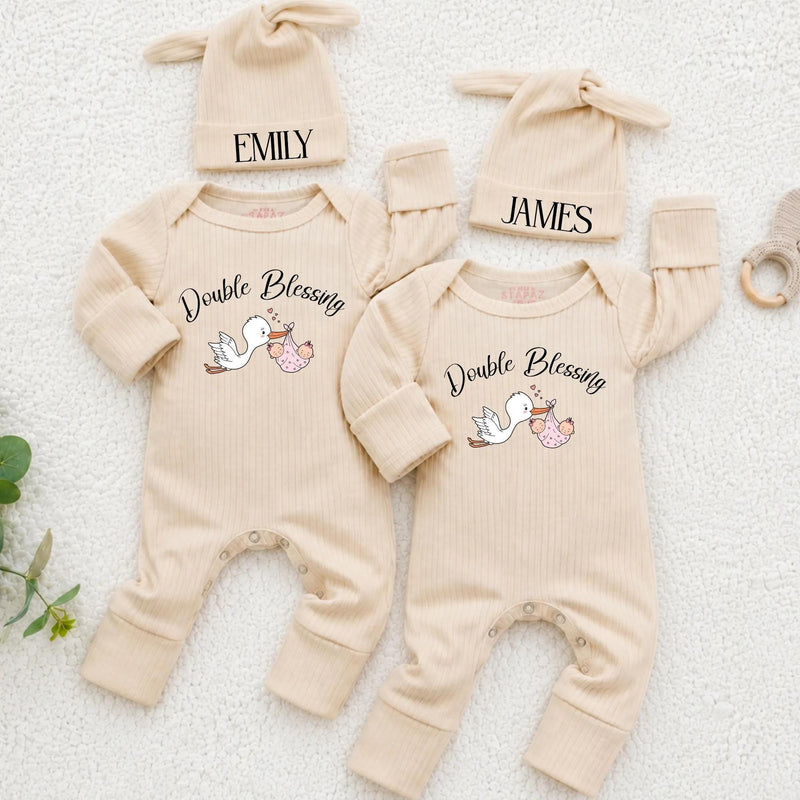 Personalized Twin Baby Bodysuit and Beanie Set with Double Blessing Stork Design, Custom Names for Boy and Girl Twins Coming Home Outfit