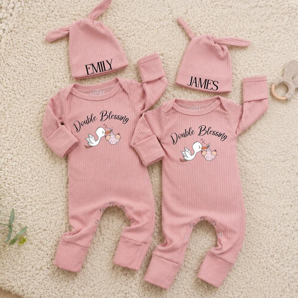 Personalized Twin Baby Bodysuit and Beanie Set with Double Blessing Stork Design, Custom Names for Boy and Girl Twins Coming Home Outfit