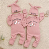 Personalized Twin Baby Bodysuit and Beanie Set with Double Blessing Stork Design, Custom Names for Boy and Girl Twins Coming Home Outfit