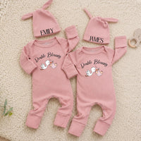 Personalized Twin Baby Bodysuit and Beanie Set with Double Blessing Stork Design, Custom Names for Boy and Girl Twins Coming Home Outfit